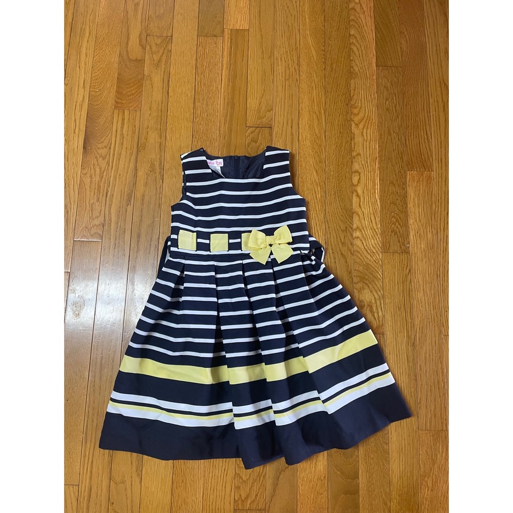 Jessica Ann Girls Navy Blue White Striped Sleeveless Dress Yellow Bow Size 5